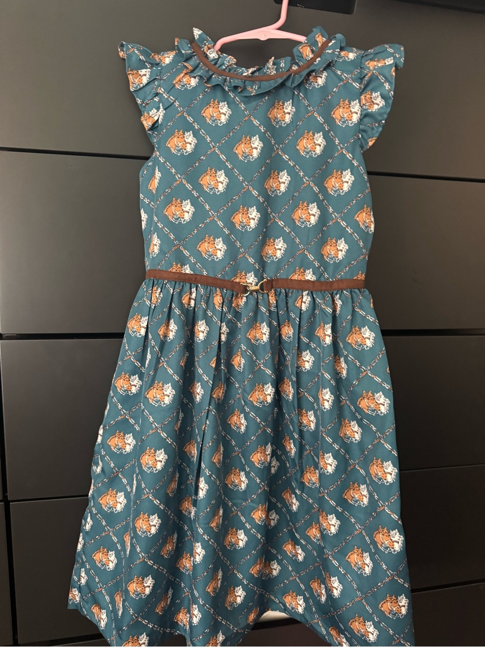 Janie and Jack Teal Dress with Orange Fox Print and Brown Trim